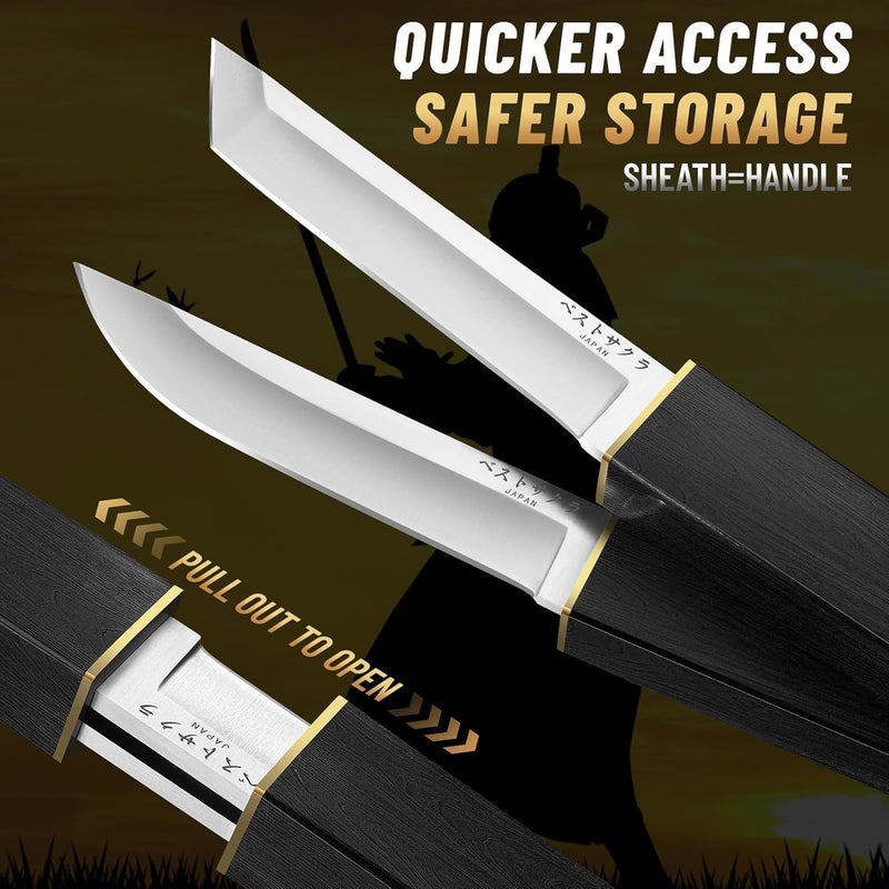 Moontay Mini Katana Knives Set – 2 in 1 Janpanese Tanto Knife with Integrated Wood Sheath & Handle, Stainless Outdoor Double Knife Set, Short Samurai Swords for Camping Survival BBQ, Christmas Gifts - Image 4